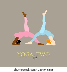 Two young happy woman in Yoga pose on grey background. Relax and meditate. Black and white girls. Healthy lifestyle. Balance training.Women silhouettes. Collection of yoga poses. Vector illustration.