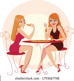two young and happy women enjoying a meal at a restaurant or cafe over happy conversation