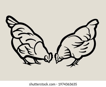 Two young hens peck at the grain. Illustration of the logo, in black and white style.