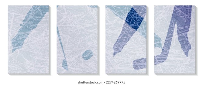 Dos jóvenes jugadores de hockey en movimiento contra el hielo azul. Conjunto moderno de portadas minimalistas de hockey. Mínimo arte deportivo en la pared.