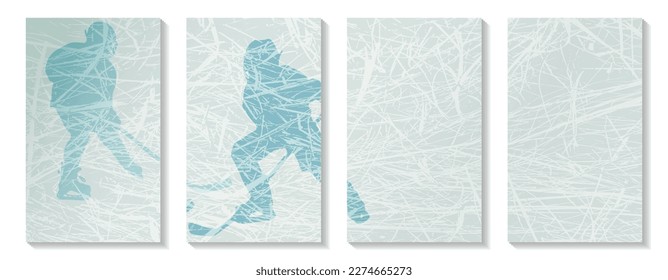 Two young hockey players in the fight for the puck on a ice background. Sports illustration. Trendy set of minimalistic hockey covers. Minimal sports wall art. Lifestyle design for social media.