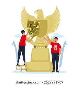 Two young Indonesian people decorating Garuda statue, Happy Pancasila Day, Vector illustration