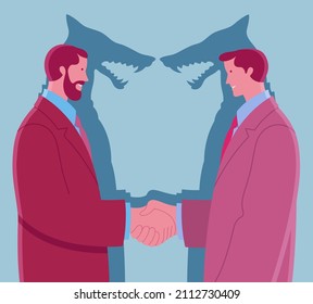 Two young insincere business men shake hands hiding their true feelings represented by their shadows 
