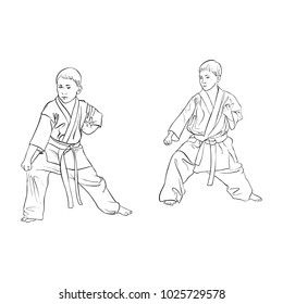 two young karate boys doing kata, hand drawn vector illustration