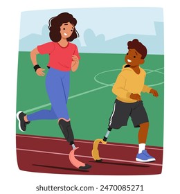 Two Young Kid Athletes With Prosthetics Legs Actively Engaged In A Running Session On A Sports Track. Vector Concept Of Resilience, Sportsmanship And Power Of Adaptive Sports, Fitness And Inclusivity