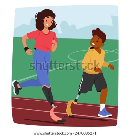 Two Young Kid Athletes With Prosthetics Legs Actively Engaged In A Running Session On A Sports Track. Vector Concept Of Resilience, Sportsmanship And Power Of Adaptive Sports, Fitness And Inclusivity