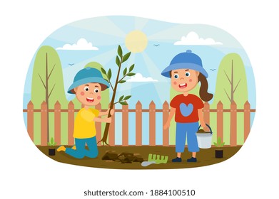 Two young kids, a boy and girl, working in the garden together planting a young tree in a hole alongside a fence, colored cartoon vector illustration