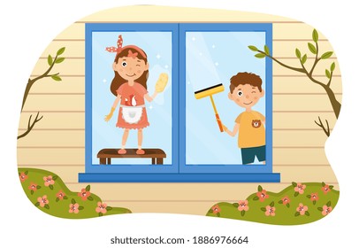Two young kids friends or brother and sister washing windows. Helping to clean the window at home. Kids doing housework chores at home concept. Flat cartoon vector illustration