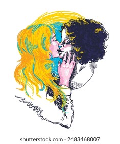 Two young kissing women, can be used as poster for pride month, sketch style vector illustration