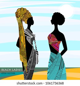 Two young ladies talking on the beach. Vector Illustration. Expression of communication, relationship between friends, and close people.Multiply use, in travel&fashion industry&psychological topics