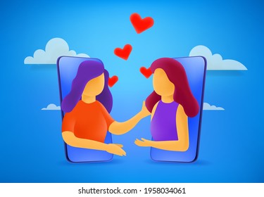 Two young lesbian woman in love. 3d style cute illustration