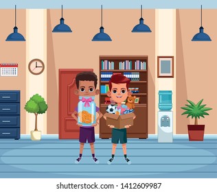 two young little kids afroamerican boy holding a glass jar with coins and boy with a box with toys avatar carton character indoor in house background vector illustration graphic design.