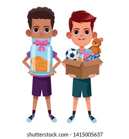 two young little kids afroamerican boy holding a glass jar with coins and boy with a box with toys avatar carton character vector illustration graphic design.