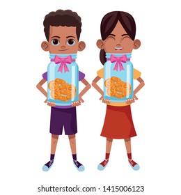 two young little kids afroamerican boy and girl holding a glass jar with coins avatar carton character vector illustration graphic design
