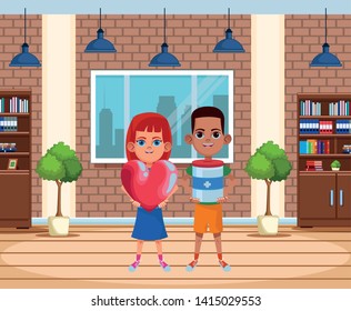 two young little kids afroamerican boy with donative jar and girl holding a heart avatar carton character indoor in house background vector illustration graphic design