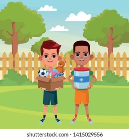 two young little kids afroamerican boy with donative jar and boy with a box with toys avatar carton character in the grass backyard vector illustration graphic design.