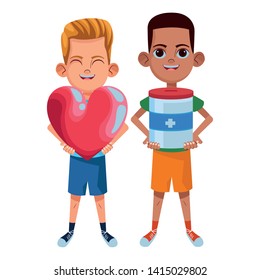 two young little kids afroamerican boy with donative jar and boy holding a heart avatar carton character vector illustration graphic design