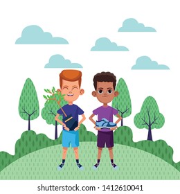 two young little kids boy holding a plant and girl holding a sneaker avatar carton character in the grass with rural landscape vector illustration graphic design.