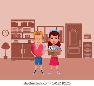 two young little kids boy holding a heart and girl with a box with toys avatar carton character indoor in house background purple tone vector illustration graphic design.