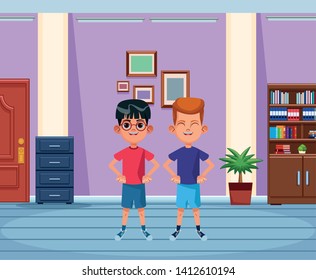 two young little kids boy with glasses and boy smiling avatar carton character indoor in house background vector illustration graphic design