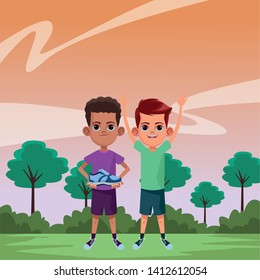 two young little kids boy with hands up and boy holding a sneaker avatar carton character vector illustration graphic design