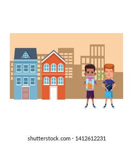 two young little kids boy carrying a plant and boy holding a glass jar with coins avatar carton character vector illustration graphic design