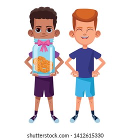 two young little kids boy smiling and afroamerican boy holding a glass jar with coins avatar carton character vector illustration graphic design