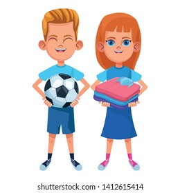 two young little kids boy with a soccer balloon and girl with folded clothes avatar carton character vector illustration graphic design