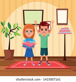 two young little kids boy with hands up and girl with folded clothes avatar carton character indoor in house background vector illustration graphic design