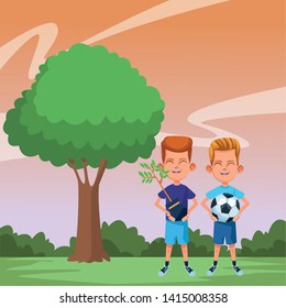 two young little kids boy carrying a plant and boy holding a soccer balloon avatar carton character vector illustration graphic design