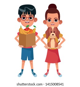 two young little kids boy with box of fruit and girl carrying a dog avatar carton character vector illustration graphic design