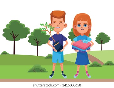 two young little kids boy carrying a plant avatar carton character vector illustration graphic design