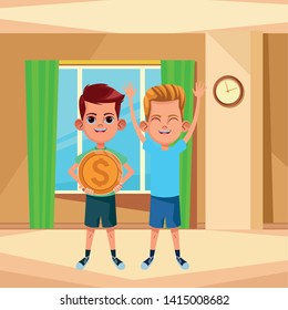 two young little kids boy with hands up and boy carrying a big coin avatar carton character indoor in house background vector illustration graphic design