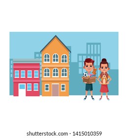 two young little kids boy holding a box with toys and girl carrying a dog avatar carton character vector illustration graphic design