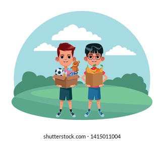 two young little kids boy with a box with toys and boy with box of fruit avatar carton character in the grass with rural landscape vector illustration graphic design.