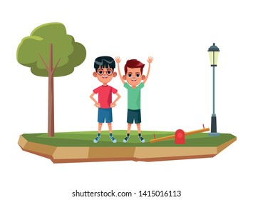 two young little kids boy with hands up avatar carton character vector illustration graphic design