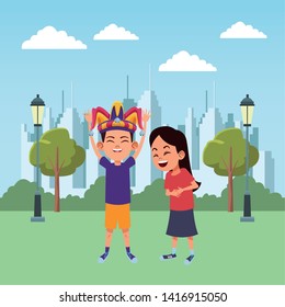 two young little kids boy wearing jester hat and girl laughing over the grass with cityscape and skyscrapers avatar carton character vector illustration graphic design