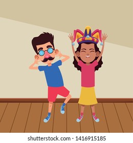 two young little kids boy wearing a mask glasses, nose and mustache and girl wearing jester hat indoor over a wooden floor avatar carton character vector illustration graphic design