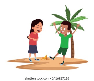 two young little kids boy slinding with a banana peel and girl laughing with a palm background avatar carton character vector illustration graphic design