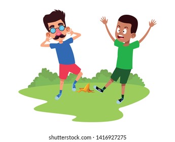 two young little kids boy wearing a mask glasses, nose and mustache and boy slinding with a banana peel over the grass and shruberry background avatar carton character vector illustration graphic