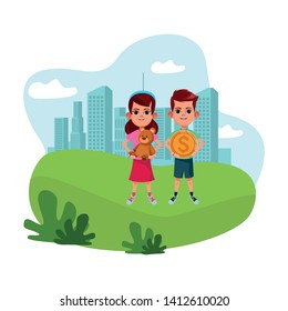 two young little kids girl carrying teddy toy and boy carrying a big coin avatar carton character in round icon in cityscape vector illustration graphic design.