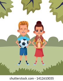 two young little kids girl carrying a dog and boy with a soccer balloon avatar carton character in the grass with rural landscape vector illustration graphic design.