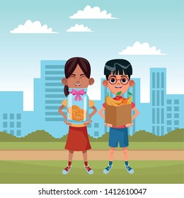 two young little kids girl holding a glass jar with coins and boy with box of fruit avatar carton character in round icon in cityscape vector illustration graphic design.