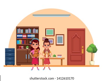 two young little kids girl carrying a dog and girl carrying teddy toy avatar carton character indoor in house background vector illustration graphic design