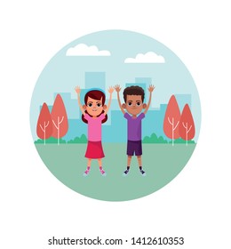 two young little kids girl with hands up wearing bandana boy with hands up avatar carton character in round icon in the park and city lanscape vector illustration graphic design.