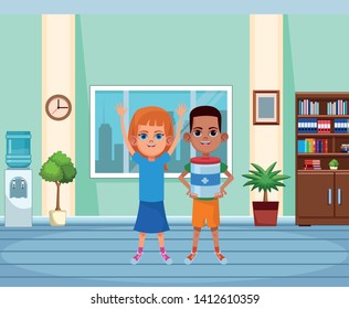 two young little kids girl with hands up and afroamerican boy with donative jar avatar carton character indoor in house background vector illustration graphic design