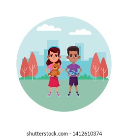 two young little kids girl carrying teddy toy and girl holding a sneaker avatar carton character in round icon in the park and city lanscape vector illustration graphic design.