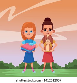 two young little kids girl carrying a dog and girl carrying a folded clothes avatar carton character vector illustration graphic design