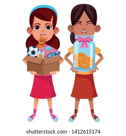 two young little kids girl holding a glass jar with coins and girl with a box with toys avatar carton character vector illustration graphic design