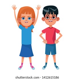 two young little kids girl with hands up and boy with glasses avatar carton character vector illustration graphic design
